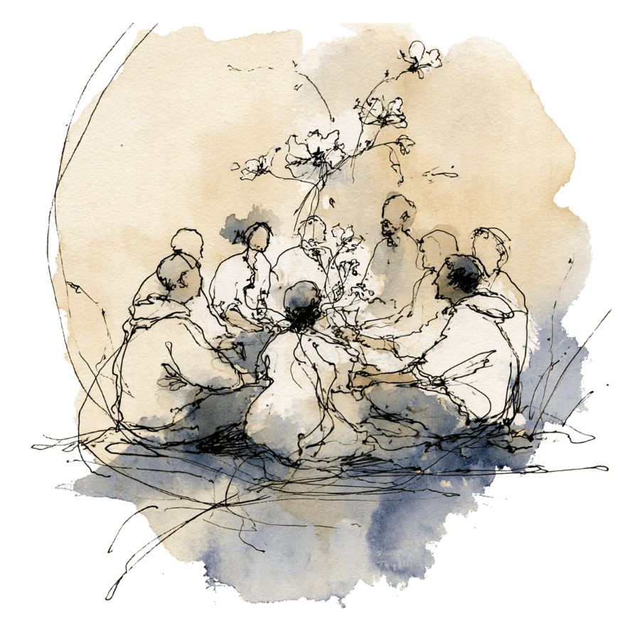 An ink and watercolour drawing of a group sitting together in a circle